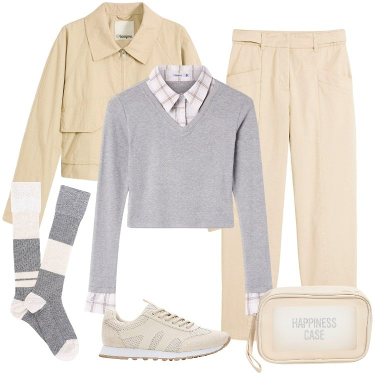 Outfit donna - Total look #2263964. Stile Mannish per Ufficio. Abbinamento con pantaloni, sneakers, trench, maglieria, valigie, calzini.