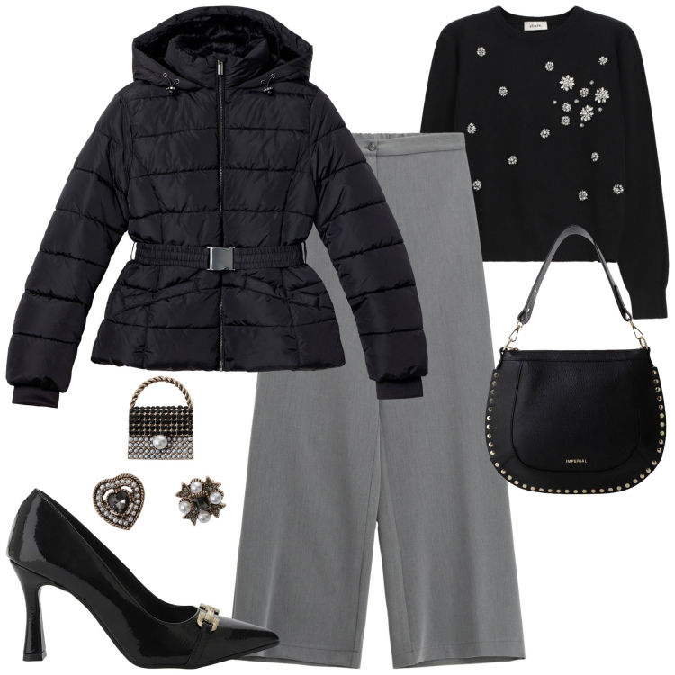 Outfit donna - Total look #2263966. Stile Urban per Tutti i giorni. Abbinamento con piumini, pantaloni a palazzo, décolleté, borse a spalla, accessori per capelli, maglieria.