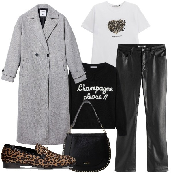 Outfit donna - Autunno a strati. Stile Urban per Tutti i giorni. Abbinamento con pantaloni, maglieria, cappotti, t-shirt, borse a spalla, mocassini.