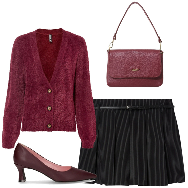 Outfit donna - City. Stile Urban per Tutti i giorni. Abbinamento con cardigans, minigonne, borse a tracolla, décolleté.