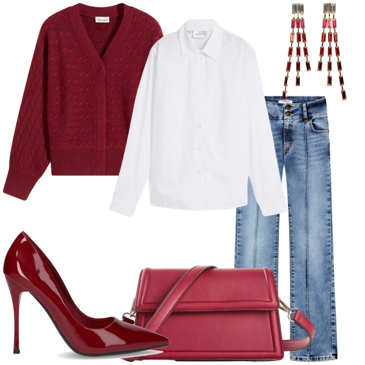 Outfit donna - Il jeans con il tacco alto. Stile Casual chic per Tutti i giorni. Abbinamento con cardigans, borse a tracolla, camicie, orecchini, jeans, décolleté.