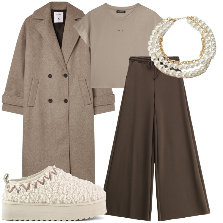 Outfit donna - Calde sfumature. Stile Glamour per Tutti i giorni. Abbinamento con cappotti, t-shirt, pantaloni a palazzo, collane, sabot.