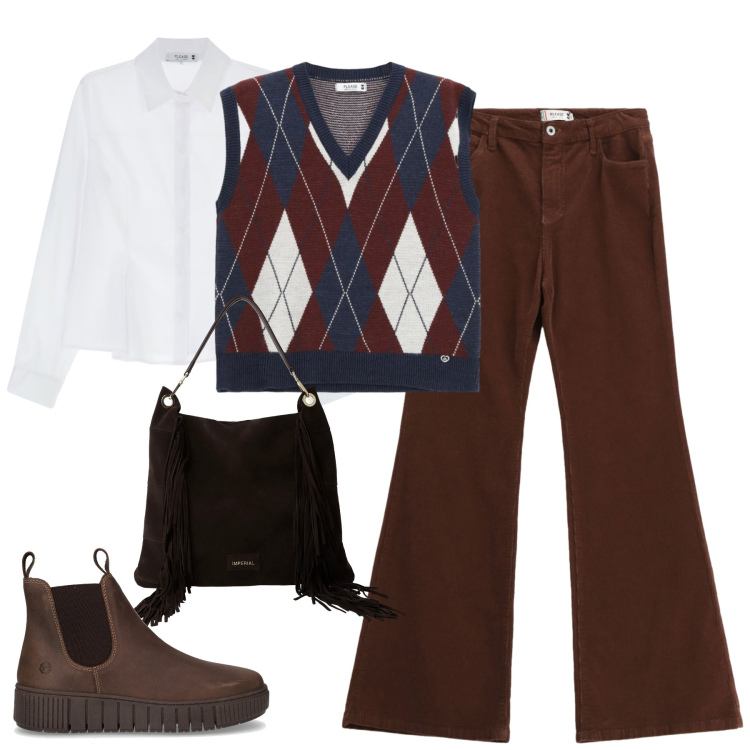 Outfit donna - Total look #2264003. Stile Casual chic per Tutti i giorni. Abbinamento con pantaloni, gilet, camicie, borse a spalla, stivaletti chelsea.