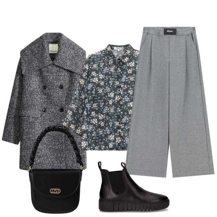 Outfit donna - Il caldo cappotto. Stile Bon Ton per Ufficio. Abbinamento con cappotti, camicie, pantaloni a palazzo, borse a mano, stivaletti chelsea.