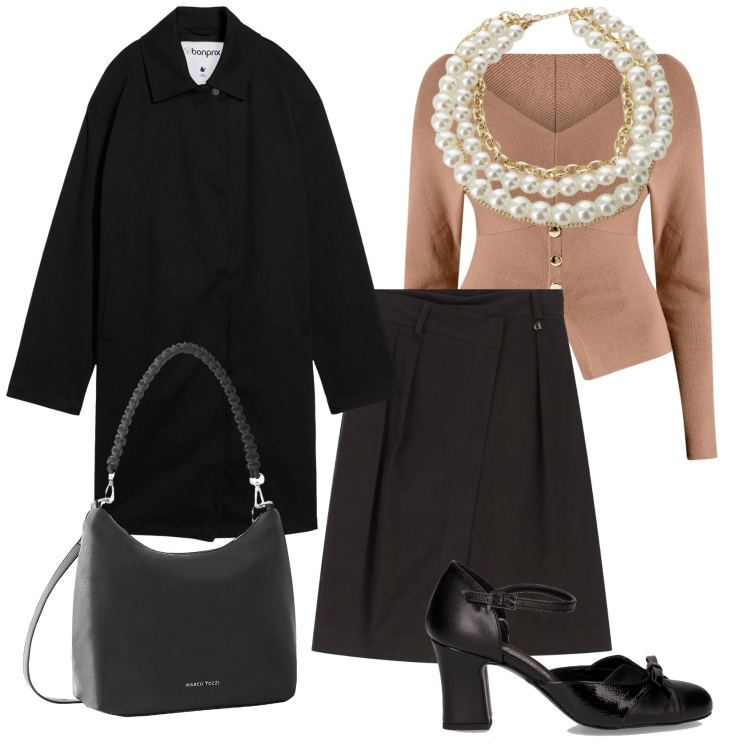 Outfit donna - Il trench autunnale. Stile Bon Ton per Ufficio. Abbinamento con borse a mano, trench, maglieria, collane, gonne longuette, décolleté.