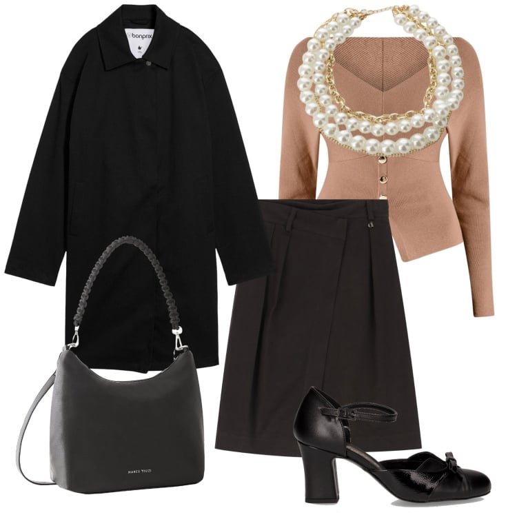 Outfit donna - Il trench autunnale. Stile Bon Ton per Ufficio. Abbinamento con trench, borse a mano, maglieria, gonne longuette, collane, décolleté.