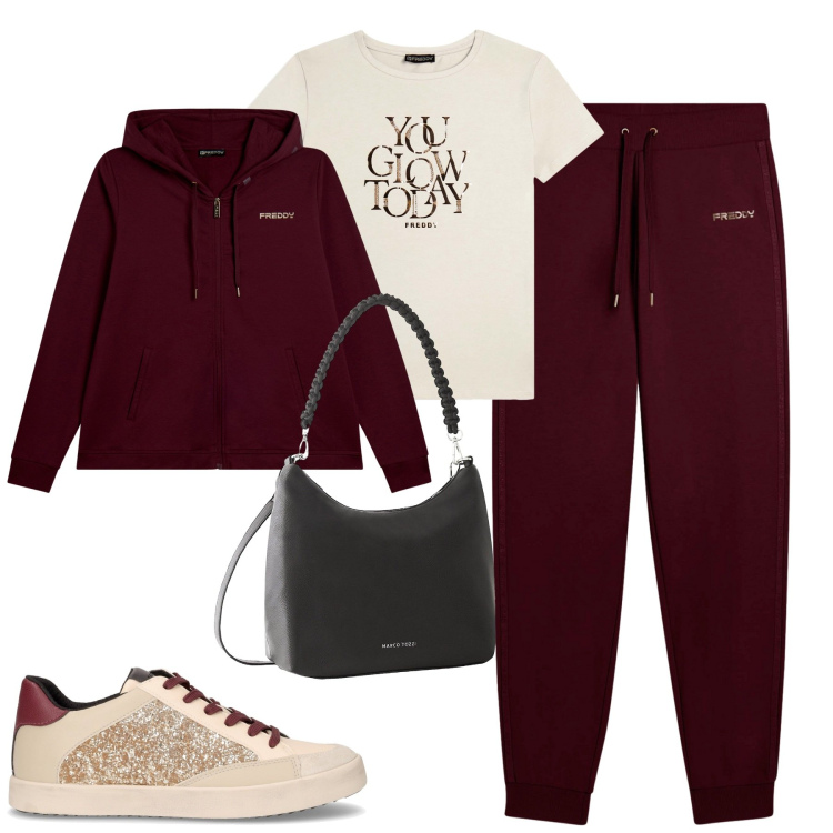Outfit donna - Freddy. Stile Casual per Tutti i giorni. Abbinamento con borse a mano, pantaloni, t-shirt, felpe con cappuccio, sneakers.