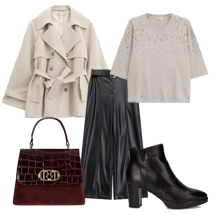 Outfit donna - Autunno = trench. Stile Chic per Serata fuori. Abbinamento con borse a mano, trench, pantaloni, maglieria, stivaletti.