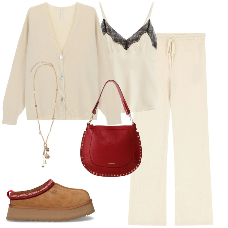 Outfit donna - Morbida maglia. Stile Casual chic per Tutti i giorni. Abbinamento con cardigans, borse a spalla, pantaloni a palazzo, top, ciondoli, stivaletti.