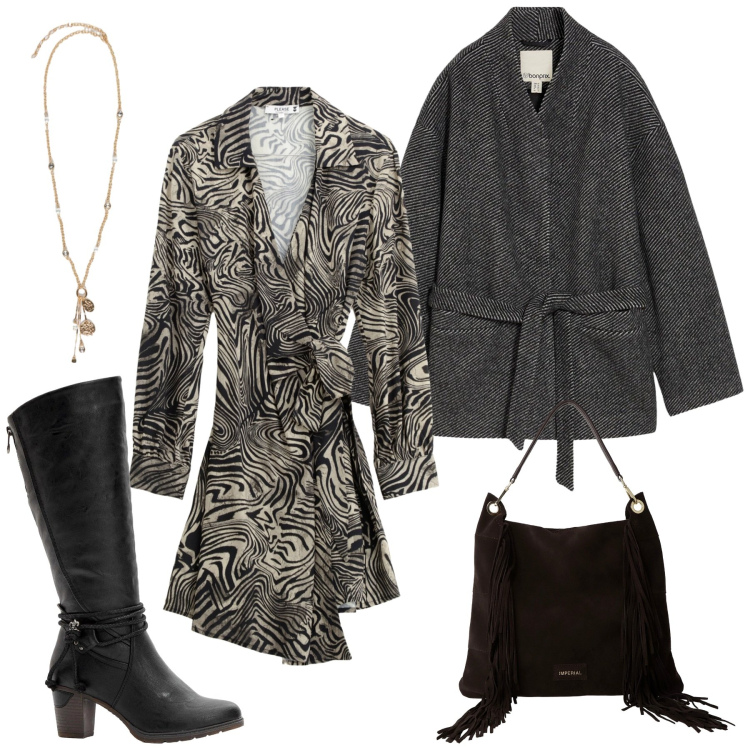 Outfit donna - Total look #2264030. Stile Glamour per Serata fuori. Abbinamento con blazer, stivali, vestiti corti, borse a spalla, ciondoli.
