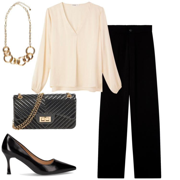 Outfit donna - Ottobre. Stile Urban per Tutti i giorni. Abbinamento con pantaloni, bluse, borse a tracolla, collane, décolleté.