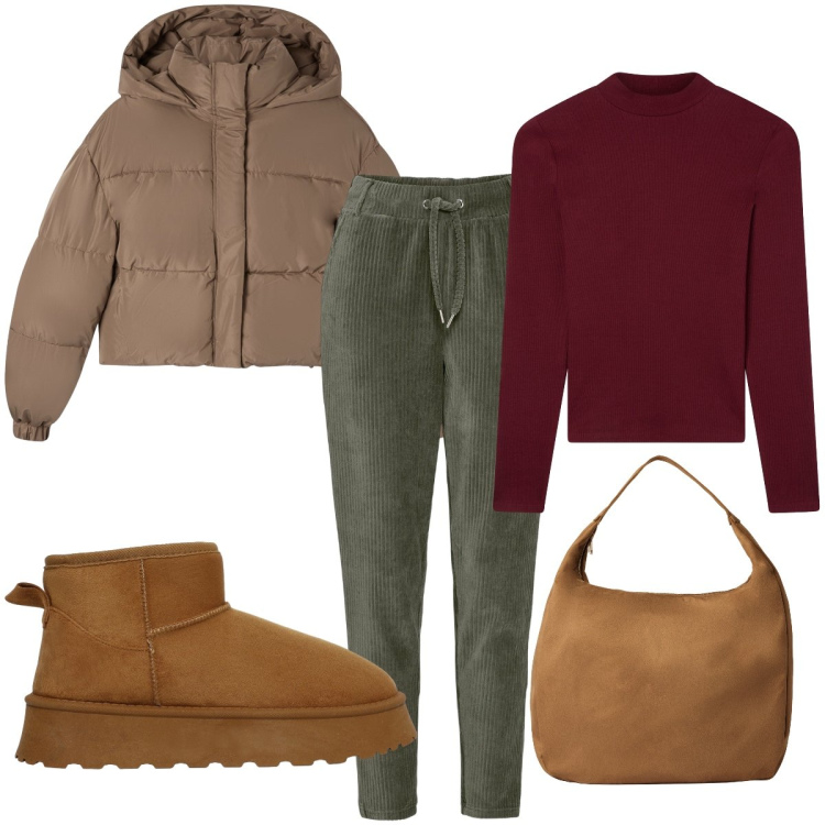 Outfit donna - Colori autunnali. Stile Basic per Tutti i giorni. Abbinamento con pantaloni, borse a mano, bomber, t-shirt, stivali.