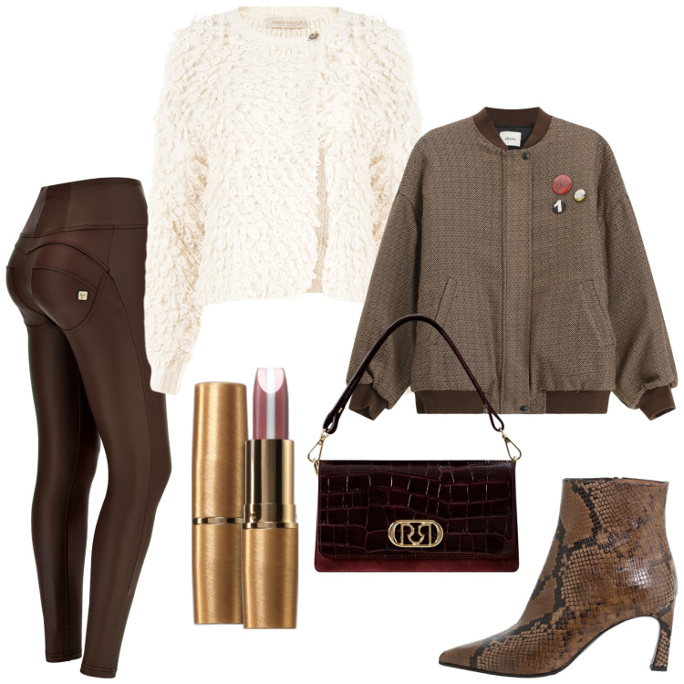 Outfit donna - Total look #2264036. Stile Rock per Serata fuori. Abbinamento con rossetti, cardigans, borse a mano, stivaletti, bomber, pantaloni skinny.