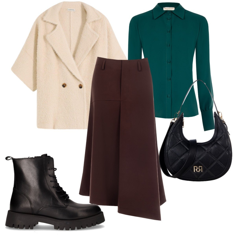 Outfit donna - Total look #2264041. Stile Casual chic per Tutti i giorni. Abbinamento con cardigans, gonne longuette, borse a tracolla, camicie, anfibi.