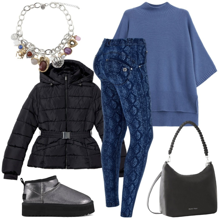 Outfit donna - Pronta per i primi freddi. Stile Urban per Tutti i giorni. Abbinamento con borse a mano, piumini, maglieria, jeans skinny, braccialetti con ciondoli, stivaletti.