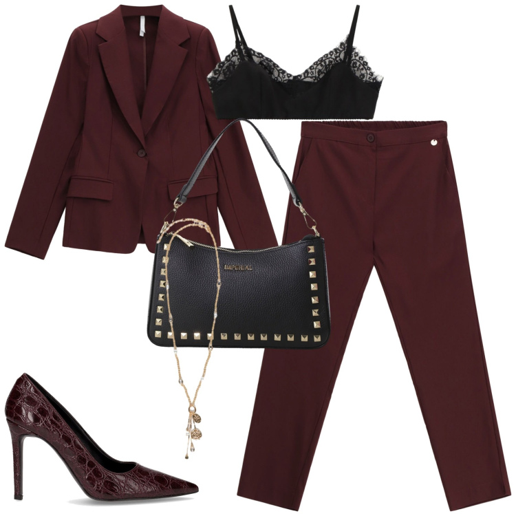 Outfit donna - Imperial. Stile Trendy per Tutti i giorni. Abbinamento con blazer, pochette, bralette, pantaloni, ciondoli, décolleté.