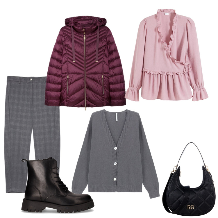 Outfit donna - Autunno al lavoro. Stile Casual chic per Ufficio. Abbinamento con camicie, borse a tracolla, cardigans, anfibi, piumini, pantaloni.
