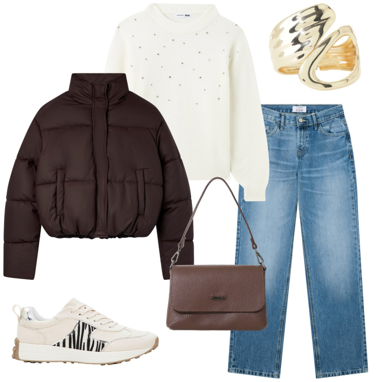 Outfit donna - Total look #2264050. Stile Casual per Tutti i giorni. Abbinamento con sneakers, maglieria, jeans dritti, bomber, borse a tracolla, anelli.