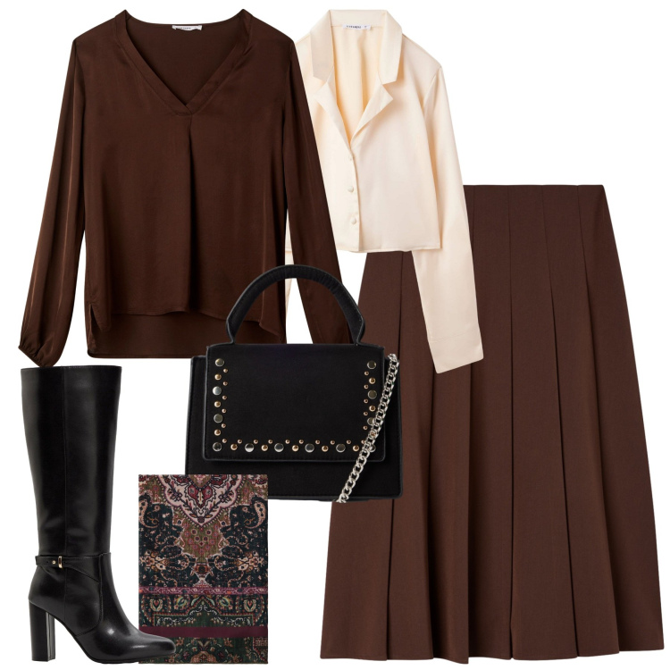 Outfit donna - City. Stile Urban per Tutti i giorni. Abbinamento con stivali, camicie, gonne lunghe, borse a tracolla, bluse, foulard.
