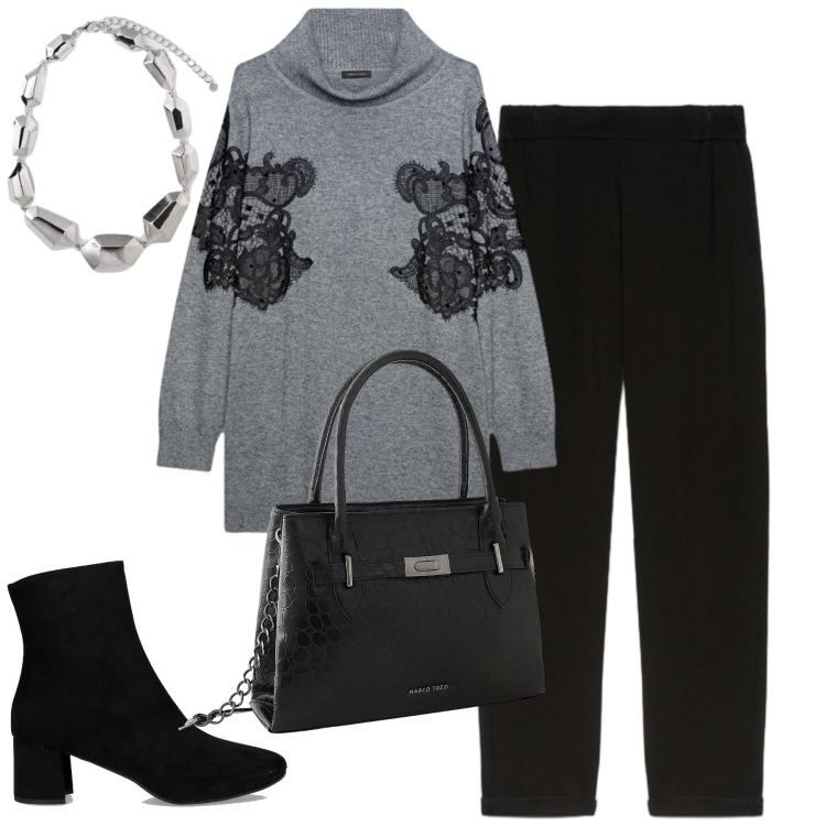 Outfit donna - City. Stile Urban per Tutti i giorni. Abbinamento con borse a mano, maglieria, stivaletti, pantaloni, ciondoli.