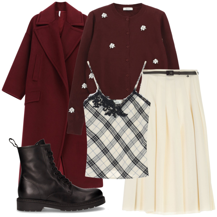 Outfit donna - Total look #2264057. Stile Casual per Tutti i giorni. Abbinamento con top, gonne longuette, cardigans, cappotti, anfibi.