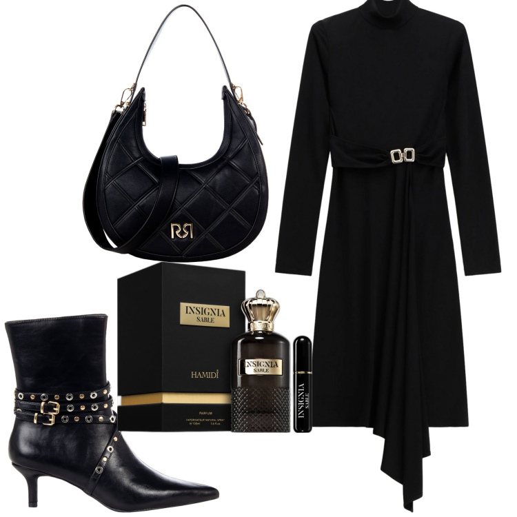 Outfit donna - Imperial black. Stile Minimal per Tutti i giorni. Abbinamento con profumi, borse a tracolla, stivaletti, vestiti midi/longuette.