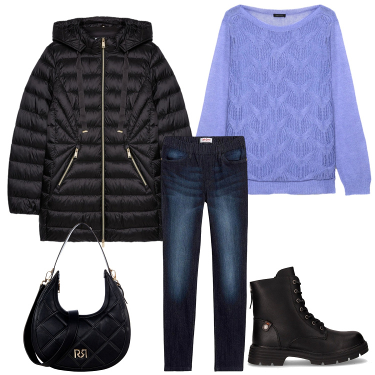 Outfit donna - Freddo pomeriggio invernale. Stile Casual per Tutti i giorni. Abbinamento con jeggings, borse a tracolla, piumini, anfibi, maglieria.