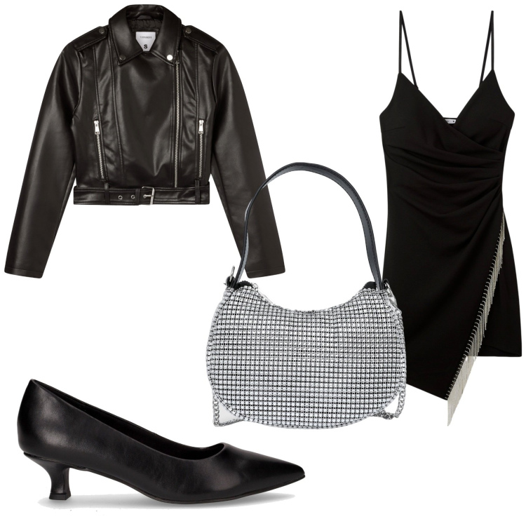 Outfit donna - Nero e argento per la sera. Stile Sexy per Serata fuori. Abbinamento con vestiti corti, borse a spalla, giacche, décolleté.