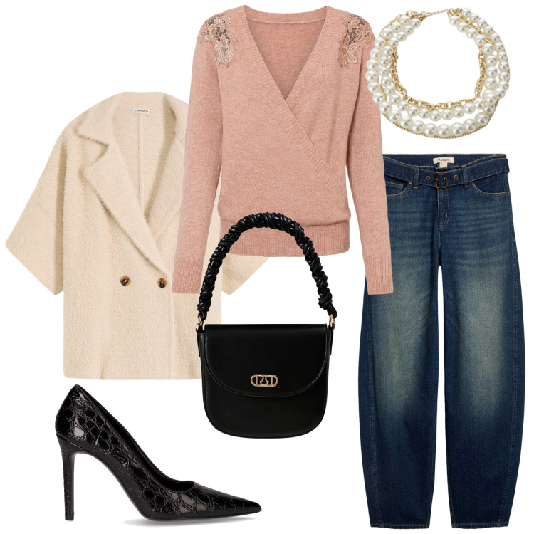 Outfit donna - Total look #2264066. Stile Minimal per Serata fuori. Abbinamento con maglieria, cardigans, jeans, borse a mano, collane, décolleté.