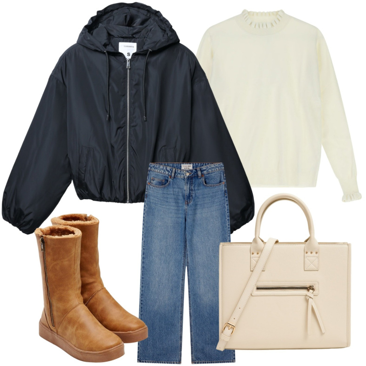 Outfit donna - Il bomber caldo. Stile Casual per Ufficio. Abbinamento con stivali, shopping bag, jeans, bomber, maglieria.