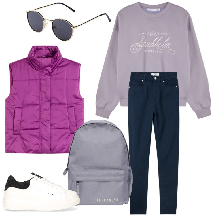 Outfit donna - A lezione. Stile Casual per Scuola/Università. Abbinamento con occhiali da sole, piumini, pantaloni skinny, zaini, felpe, sneakers.