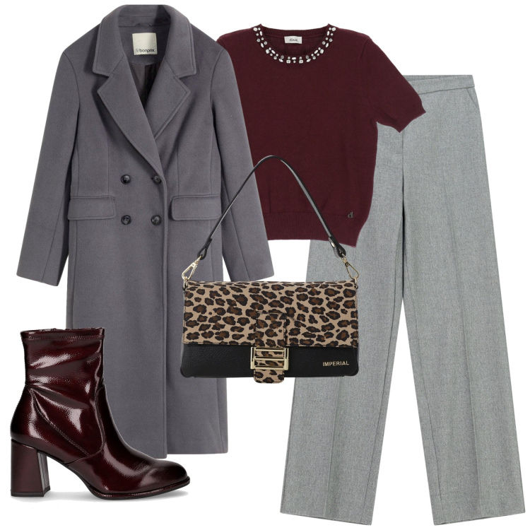 Outfit donna - City. Stile Urban per Tutti i giorni. Abbinamento con cappotti, pantaloni a palazzo, borse a spalla, maglieria, stivaletti.