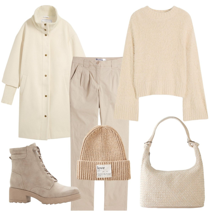 Outfit donna - Colori chiari e caldi. Stile Basic per Tutti i giorni. Abbinamento con pantaloni chino, maglieria, stivaletti, cappotti, shopping bag, berretti.