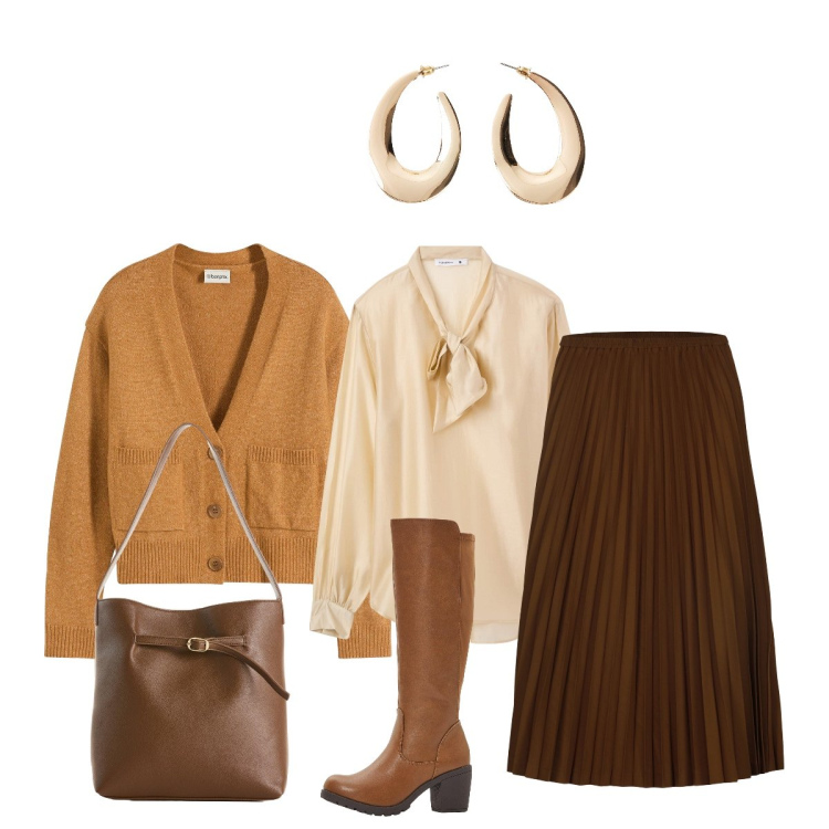 Outfit donna - Con le amiche. Stile Bon Ton per Tutti i giorni. Abbinamento con stivali, orecchini, cardigans, borse a mano, bluse, gonne longuette.