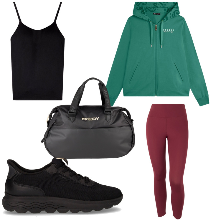 Outfit donna - Un po\' di jogging la mattina. Stile Sporty chic per Sport. Abbinamento con magliette intime, felpe con cappuccio, borse sportive, leggings, sneakers.