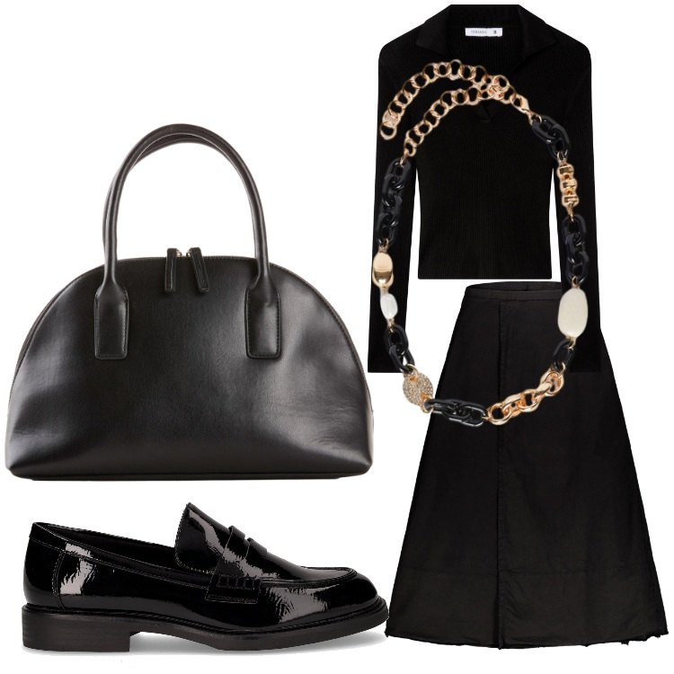 Outfit donna - La prof. Stile Chic per Scuola/Università. Abbinamento con shopping bag, maglieria, gonne lunghe, mocassini, collane.