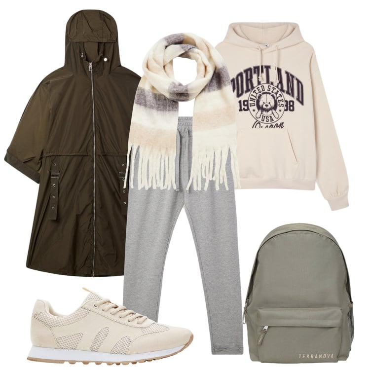 Outfit donna - Trench sportivo. Stile Sporty chic per Scuola/Università. Abbinamento con sneakers, trench, pantaloni, felpe con cappuccio, zaini, sciarpe.