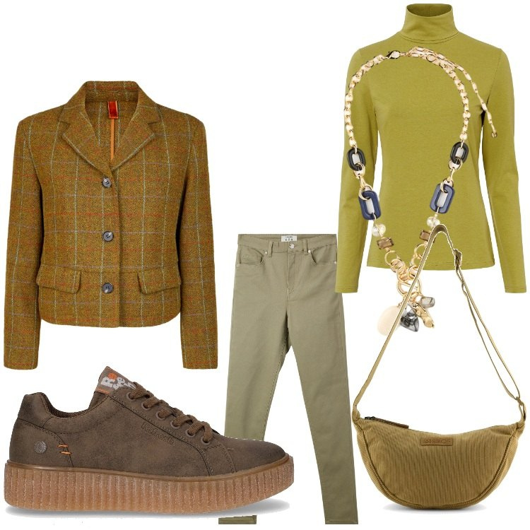 Outfit donna - Comodamente chic. Stile Casual chic per Serata fuori. Abbinamento con maglieria, pantaloni skinny, sneakers, blazer, borse a tracolla, collane.