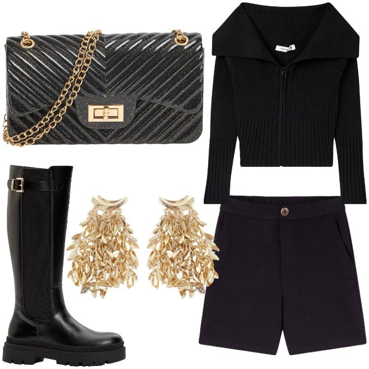 Outfit donna - Shorts e stivali. Stile Chic per Serata fuori. Abbinamento con stivali, cardigans, bermuda, borse a tracolla, orecchini.
