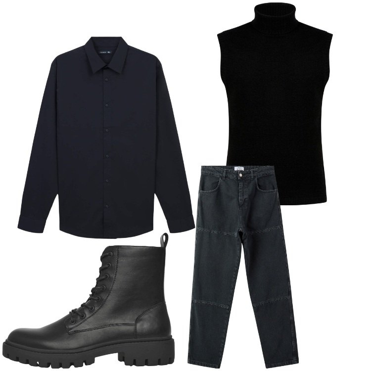 Outfit uomo - Nero totale. Stile Casual per Tutti i giorni. Abbinamento con pantaloni, anfibi, camicie, gilet.