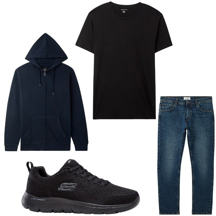 Outfit uomo - Sportivo. Stile Casual per Tutti i giorni. Abbinamento con sneakers, jeans, felpe con cappuccio, t-shirt.