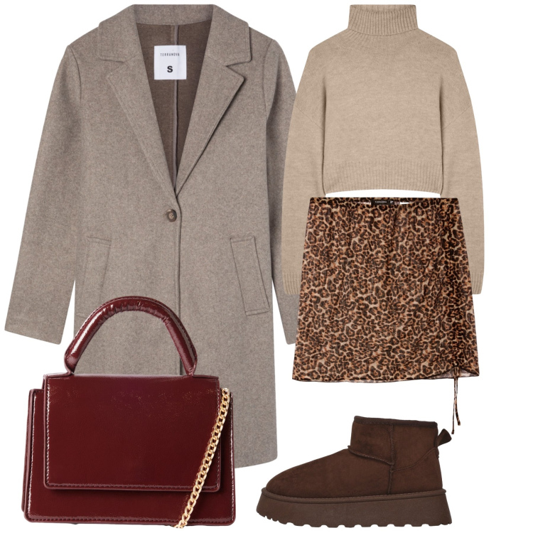 Outfit donna - Pomeriggio caldo e comodo. Stile Urban per Tutti i giorni. Abbinamento con cappotti, minigonne, borse a tracolla, maglieria, stivaletti.