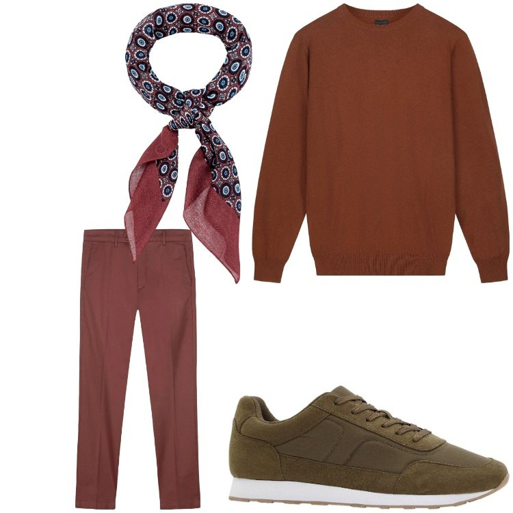 Outfit uomo - Trendy. Stile Casual per Tutti i giorni. Abbinamento con sneakers, pantaloni chino, maglieria, sciarpe e foulard.