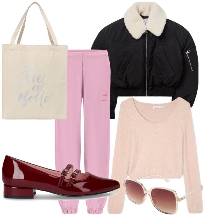 Outfit donna - Eco montone. Stile Casual chic per Tutti i giorni. Abbinamento con occhiali da sole, blazer, maglieria, borse tote, pantaloni, ballerine.