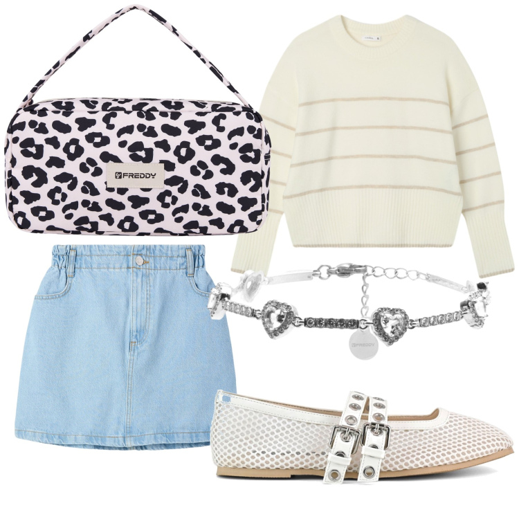 Outfit donna - Soffice romantica e grintosa. Stile Preppy per Tutti i giorni. Abbinamento con minigonne, maglieria, borse a spalla, braccialetti, ballerine.