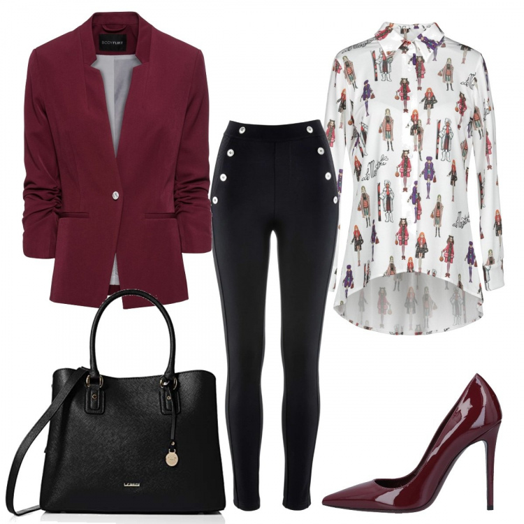 Outfit donna - Il leggings anche in ufficio. Stile Trendy per Ufficio. Abbinamento con leggings, blazer rosso, camicia senza tasche fantasia multicolore collo classico a maniche lunghe in viscosa jersey, stiletti, shopping bag nero.