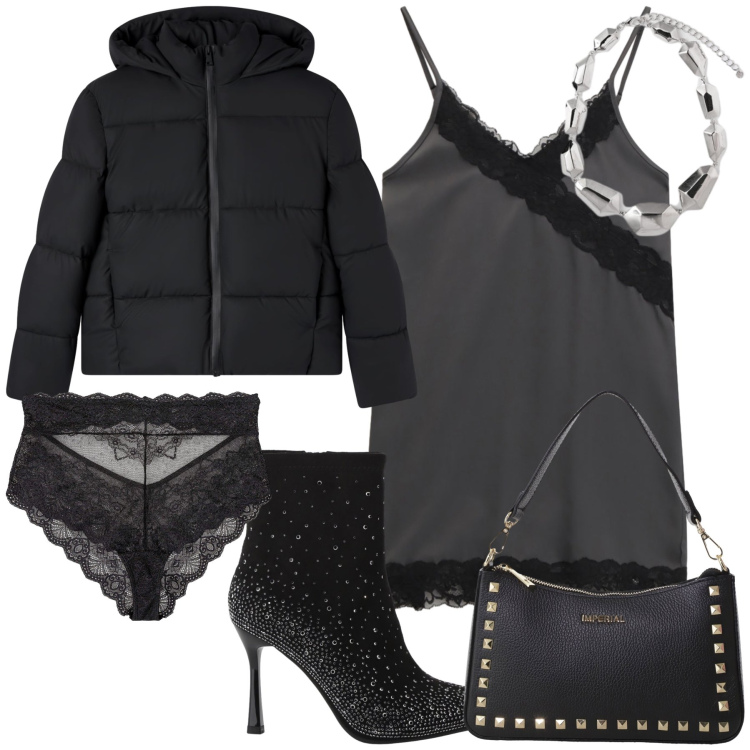 Outfit donna - Abito a sottoveste in autunno. Stile Glamour per Serata fuori. Abbinamento con culotte, bomber, pochette, stivaletti, vestiti corti, ciondoli.