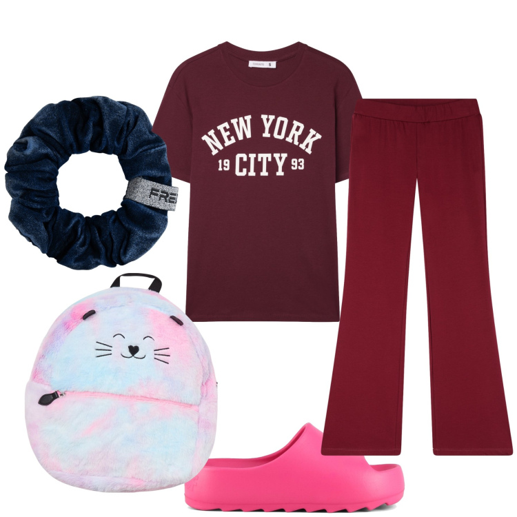 Outfit donna - Dreaming New York at home. Stile Casual per Tutti i giorni. Abbinamento con zaini, t-shirt, leggings, accessori per capelli, ciabatte.