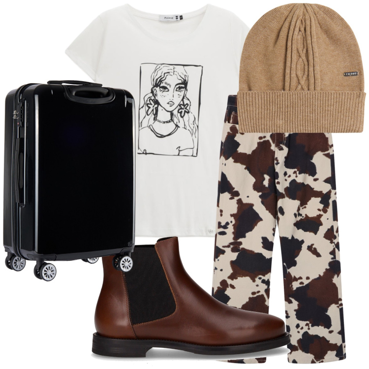 Outfit donna - Pronta a partire. Stile Casual per Tutti i giorni. Abbinamento con jeans, t-shirt, berretti, valigie, stivaletti chelsea.