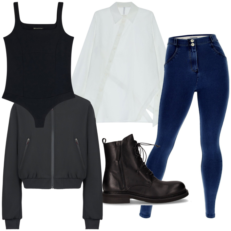 Outfit donna - La camicia bianca ok ovunque. Stile Trendy per Tutti i giorni. Abbinamento con bomber, camicie, jeggings, body, anfibi.